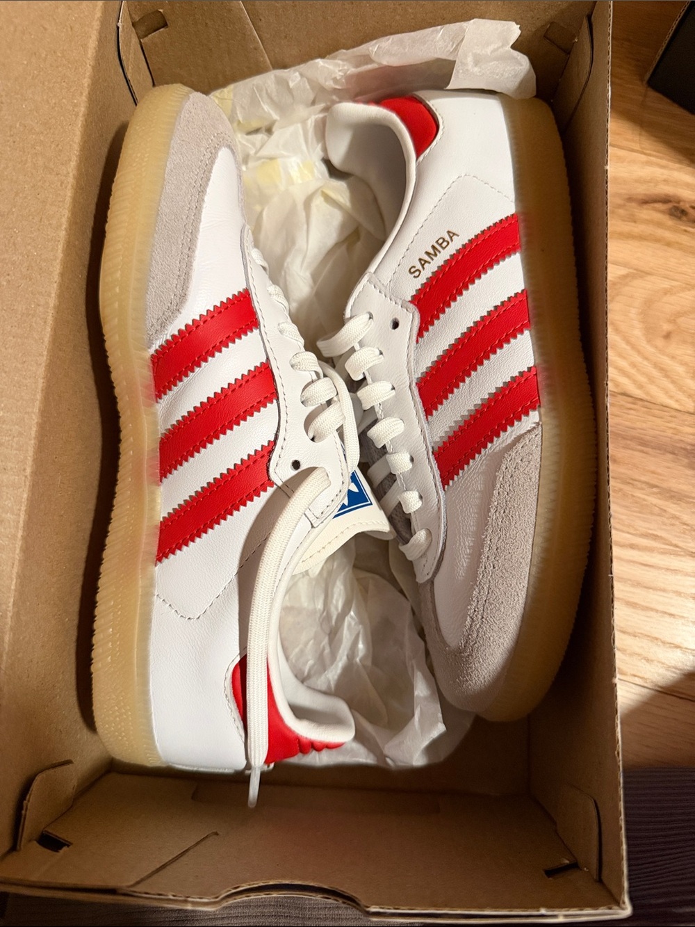 adidas Samba Sneakers in White and Red with Gum Sole